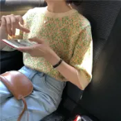 銀聯網日用品生活館 甜美小花朵五分袖針織衫夏季韓國刺繡寬松短袖圓領T恤學生女上衣1入