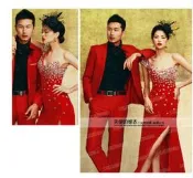 (庫存便宜賣)紅色單肩新娘鑽石晚禮服旗袍結婚敬酒服魚尾婚紗