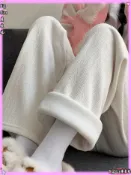 台湾出貨🔥大碼女裝米白色麥穗紋窄版針織顯瘦腿褲子女褲春秋冬季加厚直筒休閒加絨 百搭顯瘦 褲子女 休閒褲女