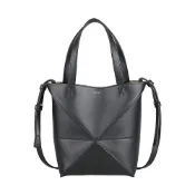 LOEWE Puzzle Fold燙金LOGO立體摺疊設計小牛皮內襯麂皮開放式手提斜背托特包(迷你/黑)