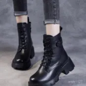 免運 臺灣出貨 馬丁靴女 真皮軟底小個子馬丁靴女鞋修身顯瘦牛皮短靴秋冬加絨中筒保暖靴子 PWLJ