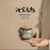 陶瓷茶葉罐 密封儲茶罐 粗陶茶倉 小型隨身茶罐 紫砂茶葉罐 防潮茶罐 儲茶罐 茶倉 功夫茶具汝窯繁花茶葉罐家用小號密封罐