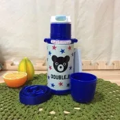本製 Miki House 不銹鋼保溫.保冷水壺DOUBLE.B 小熊圖案-附肩背帶 (藍)