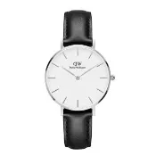 【Daniel Wellington】DW 手錶  Petite 32mm爵士黑真皮皮革錶-銀框