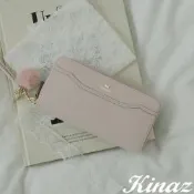KINAZ 金絲蝴蝶結毛球腕帶牛皮ㄇ型拉鍊長夾-羅幔紫-芭蕾絮語系列
