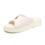 【LOVE FOOT 樂芙】真皮拖鞋 厚底拖鞋 魚口拖鞋/真皮魚口露趾優雅珍珠飾件厚底拖鞋(米)