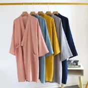 【滿滿百貨鋪】日式 和服 睡袍男女縐布 純棉 紗布 情侶 睡衣 和風浴袍 汗蒸家居服 春薄款