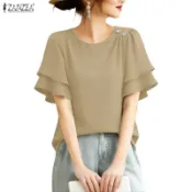 ZANZEA 女式韓版時尚純色圓領珍珠荷葉邊袖襯衫