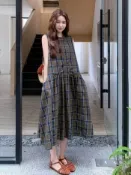 【日系森系】色織棉麻格子連衣裙 女 休閒減齡大擺襯衫裙 無袖背心裙 日系吊帶裙 格子洋裝 棉麻洋裝 棉麻連身裙 無袖連身