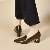 【現貨】尖頭小皮鞋女 通勤女鞋 尖頭樂福鞋女 無鞋帶女鞋 尖頭高跟鞋女春簡約氣質英倫風小單鞋壓花牛皮一腳蹬皮鞋