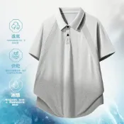 (店+)Polo衫男工作衫打底衫短袖t恤休閒上衣男polo衫短袖排汗衣高爾夫球衫短袖上衣翻領上衣吸濕排汗男士商務大尺碼衣服寬鬆運動夏季涼感冰絲透氣羽球衣