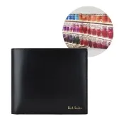 【Paul Smith】PAUL SMITH金字壓印LOGO滑面小牛皮4卡對折零錢短夾(黑x彩色油漆罐)